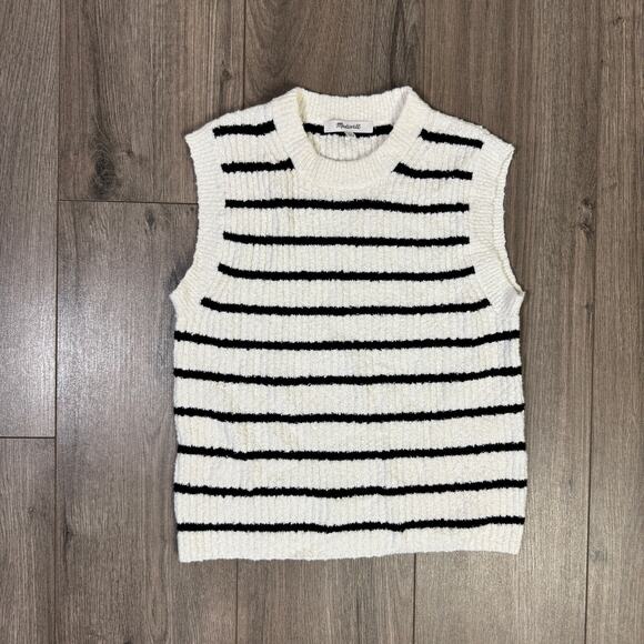 Madewell Bouclé-Knit Sweater Tank WMNS XS Cream Black Striped Crew Neck Pullover - Picture 4 of 8
